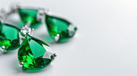 A stunning arrangement of pear-shaped green gemstones set in silver, highlighting their brilliance and color against a soft light background while reflecting elegance.の素材
