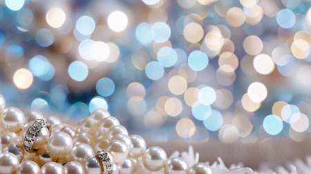 An exquisite display of lustrous pearls and sparkling rings set against a dreamy bokeh background, perfect for showcasing luxury and elegance in photography.の素材