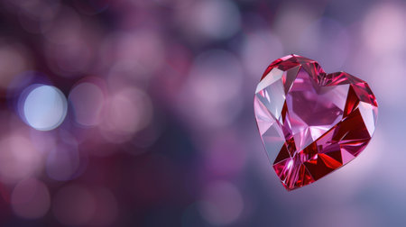This stunning heart-shaped pink gemstone radiates brilliance against a dreamy bokeh background, perfect for themes of love, beauty, and romance.の素材
