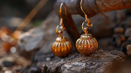 This close-up image showcases stunning golden earrings with a unique design, juxtaposed against a natural rock and foliage background, highlighting their elegance.の素材