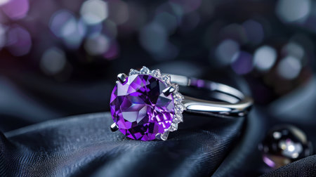 This stunning image showcases an elegant purple gemstone ring with intricate details set on a luxurious satin background. The perfect representation of beauty and style.の素材