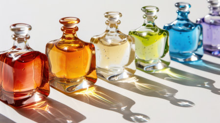 A stunning array of colorful glass bottles arranged in a row, showcasing vibrant liquids that reflect light beautifully. Perfect for art and design themes.の素材