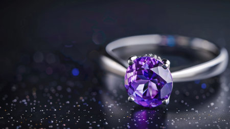 This stunning silver ring features a vibrant amethyst gemstone, radiating elegance against a backdrop of sparkling darkness, ideal for showcasing luxury.の素材