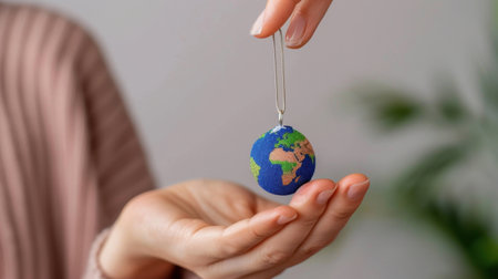A person is delicately holding a small globe in one hand, showcasing vibrant continents against a soft backdrop with a green plant, symbolizing global awareness.の素材