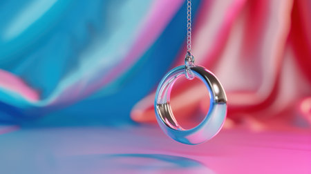 This stunning image features an elegant silver pendant hanging gracefully against a soft gradient fabric backdrop of pink and blue, embodying modern elegance and beauty.の素材