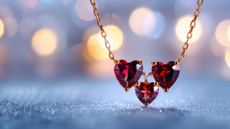 This stunning necklace features heart-shaped rubies set in gold, perfect for special occasions. The sparkling background enhances its elegance and charm.の素材