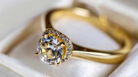 Capture the beauty of commitment with this elegant gold engagement ring, featuring a stunning diamond centerpiece set in a luxurious satin presentation.の素材