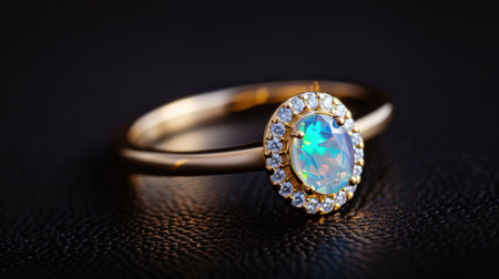 A stunning opal ring featuring a central opalescent gemstone encircled by sparkling stones, set against a dark backdrop, perfect for showcasing luxury and elegance.の素材