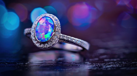 This stunning opal ring features a captivating blue gemstone surrounded by sparkling diamonds, set against a beautifully blurred colorful background.の素材