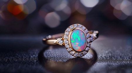 This stunning opal ring, adorned with sparkling diamonds, is set against a beautiful bokeh background, offering a touch of elegance and luxury.の素材