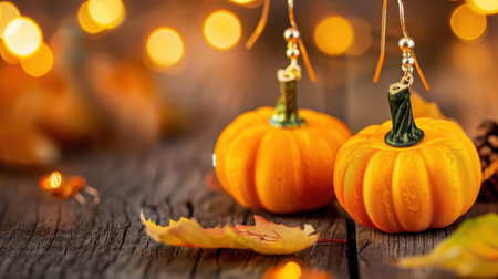 Delight in this vibrant close-up of charming pumpkin earrings set against a warm autumn background, perfect for seasonal fashion and cozy celebrations.の素材