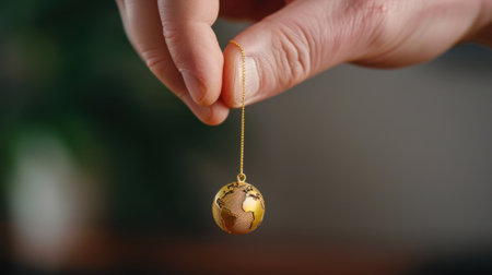 A close-up of a hand gracefully holding a delicate gold pendant shaped like the Earth, highlighting the intricate design and elegance of the jewelry.の素材