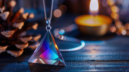 A stunning triangular crystal pendant captures vibrant colors and reflections as it rests beside a flickering candle and a pinecone, creating a serene ambiance.の素材