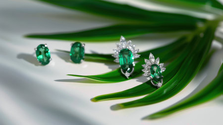 This stunning display of emerald jewelry showcases exquisite design and luxury, featuring vibrant green stones set in elegant silver accents on lush leaves.の素材