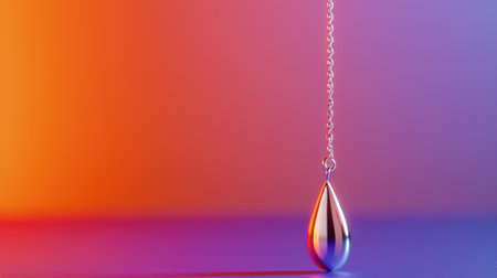 A sleek metal pendant shaped like a teardrop hangs gracefully on a chain, contrasting beautifully against a vibrant gradient background, evoking elegance.の素材