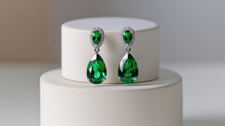 Stunning pair of elegant green earrings featuring pear-shaped gemstones and sparkling accents, showcasing exquisite craftsmanship and vibrant color.の素材