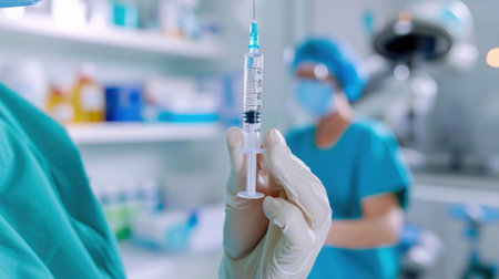A focused medical professional holds a syringe in a healthcare environment, with a colleague in scrubs working in the background, symbolizing teamwork in patient care.の素材