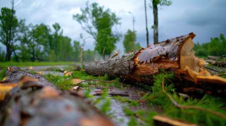 A picturesque scene featuring fallen tree logs on a wet forest path, with lush green foliage and a dramatic cloudy sky overhead, highlighting nature's beauty.の素材