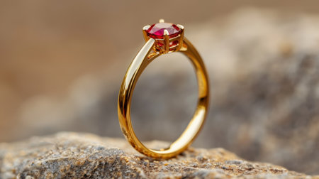 A stunning golden ring featuring a vibrant red gemstone, perfect for showcasing luxury and elegance in jewelry marketing or fashion photography.の素材