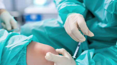 A medical professional in sterile gloves carefully administers an injection to a patient's arm in a hospital environment, emphasizing hygiene and patient care.の素材