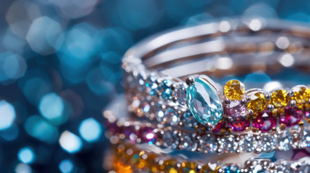 This image showcases a stunning arrangement of colorful rings adorned with various gems, reflecting light beautifully against a glossy backdrop, perfect for jewelry lovers.の素材