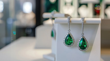 A stunning pair of green gemstone earrings adorned with sparkling diamonds, showcased elegantly in a luxury jewelry display case, perfect for any occasion.の素材