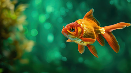 A beautiful goldfish glides through a vibrant underwater scene, showcasing its striking colors amidst lush greenery and soft bokeh effects.の素材