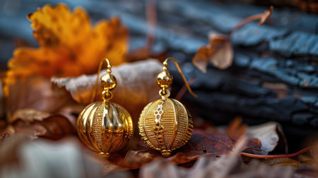 A closeup view of exquisite gold earrings resting on colorful autumn leaves, showcasing intricate design elements against a rustic backdrop.の素材