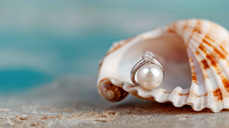 A stunning pearl ring rests gracefully on a seashell, capturing the essence of beachside elegance with soft hues and gentle textures. Perfect for jewelry displays.の素材