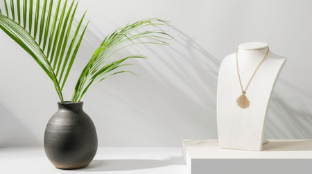 A stunning representation of elegance and simplicity, this image features a fashionable necklace displayed on a chic stand alongside a lush plant.の素材