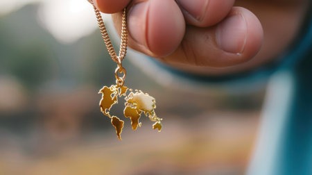 A close-up image of a person holding a shiny gold map pendant in their hand, set against a blurred nature background, capturing a trend of global exploration.の素材
