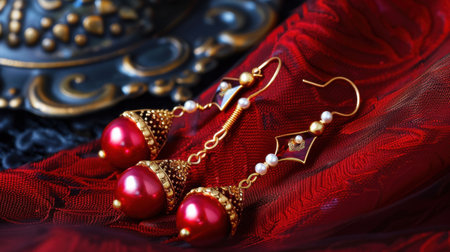 This stunning image features elegant red earrings adorned with golden accents, elegantly displayed on rich red fabric. Perfect for showcasing beauty and style.の素材