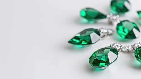 A stunning arrangement of emerald green gemstone jewelry pieces catches the light brilliantly, showcasing their elegant design and luxurious appeal.の素材