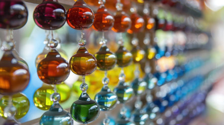 A vibrant array of colorful glass beads suspended on a string creates a stunning decorative display. The blurred background enhances the visual impact.の素材
