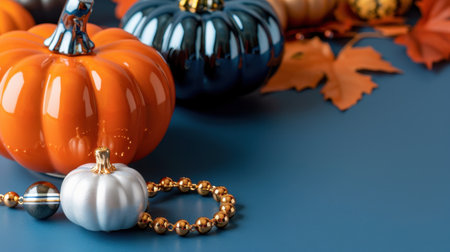 A vibrant composition featuring colorful decorative pumpkins in orange and blue, surrounded by autumn leaves and chic accessories. Perfect for seasonal dの素材