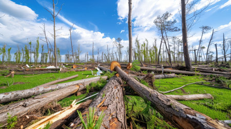 A captivating view of a forest landscape showcasing fallen trees amidst vibrant green foliage, under a bright blue sky with dramatic clouds.の素材