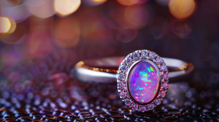 A stunning opal ring framed by shimmering diamonds set against a dark background, creating a captivating display of color and light. Perfect for jewelry lovers.の素材