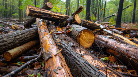 A collection of fallen logs and wooden debris lie scattered in a moist forest during autumn, showcasing vibrant leaves and rich textures in nature.の素材