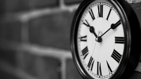 A striking monochrome image of an elegant wall clock set against a textured brick background, blending vintage style with modern aesthetics.の素材