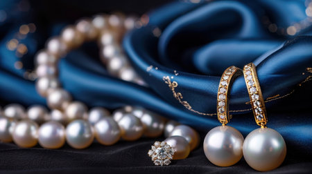 Captivating arrangement of pearl jewelry featuring earrings and a necklace, draped elegantly on luxurious silk, perfect for celebrating beauty and sophistication.の素材
