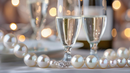A beautifully arranged table features elegant champagne glasses and a luxurious pearl necklace adorned with sparkling diamonds, creating a festive ambiance.の素材