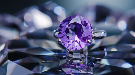 This captivating image features a stunning purple amethyst ring displayed on a shimmering faceted surface, creating a luxurious aesthetic perfect for jewelry enthusiasts.の素材