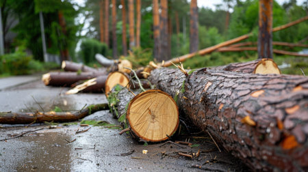 A serene view of cut tree logs lying on a wet asphalt road after heavy rainfall. Green forest surrounds the area, showcasing nature's beauty and tranquility.の素材