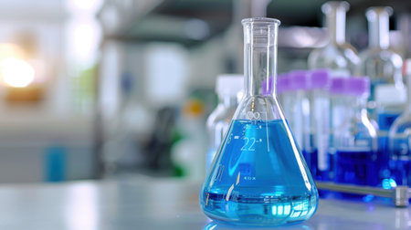 A laboratory scene featuring a glass flask filled with vibrant blue liquid, showcasing scientific equipment and emphasizing research and experimentation in a modern lab setting.の素材