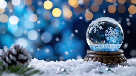 A captivating winter snow globe featuring delicate snowflakes surrounded by a shimmering blue background, evoking a sense of holiday cheer and magic.の素材