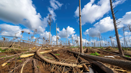 A striking view of a forest area severely impacted by natural disaster, featuring fallen trees scattered across the ground under a bright blue sky dotted with fluffy clouds.の素材