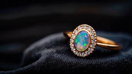 This stunning gold ring features a vibrant opal centerstone surrounded by shimmering diamonds, beautifully displayed on a rich black velvet backdrop, emphasizing its elegance.の素材