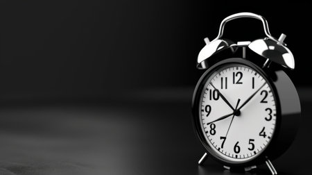 A classic black and white alarm clock resting on a dark surface, illuminated by soft lighting, evoking a sense of timelessness and nostalgia.の素材