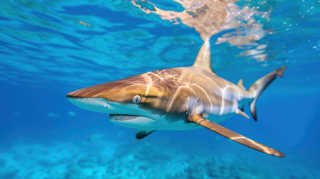 A stunning image of a shark gliding gracefully through crystal clear blue waters, capturing the essence of marine life and the beauty of ocean environments.の素材