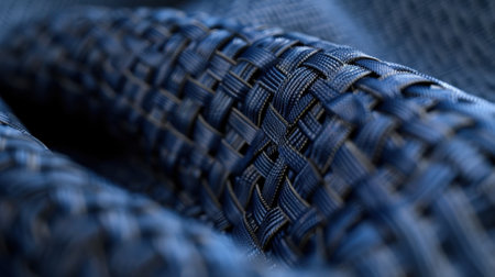 This close-up shows an intricate woven textile featuring rich dark blue shades. The detailed pattern emphasizes craftsmanship, ideal for design inspiration.の素材